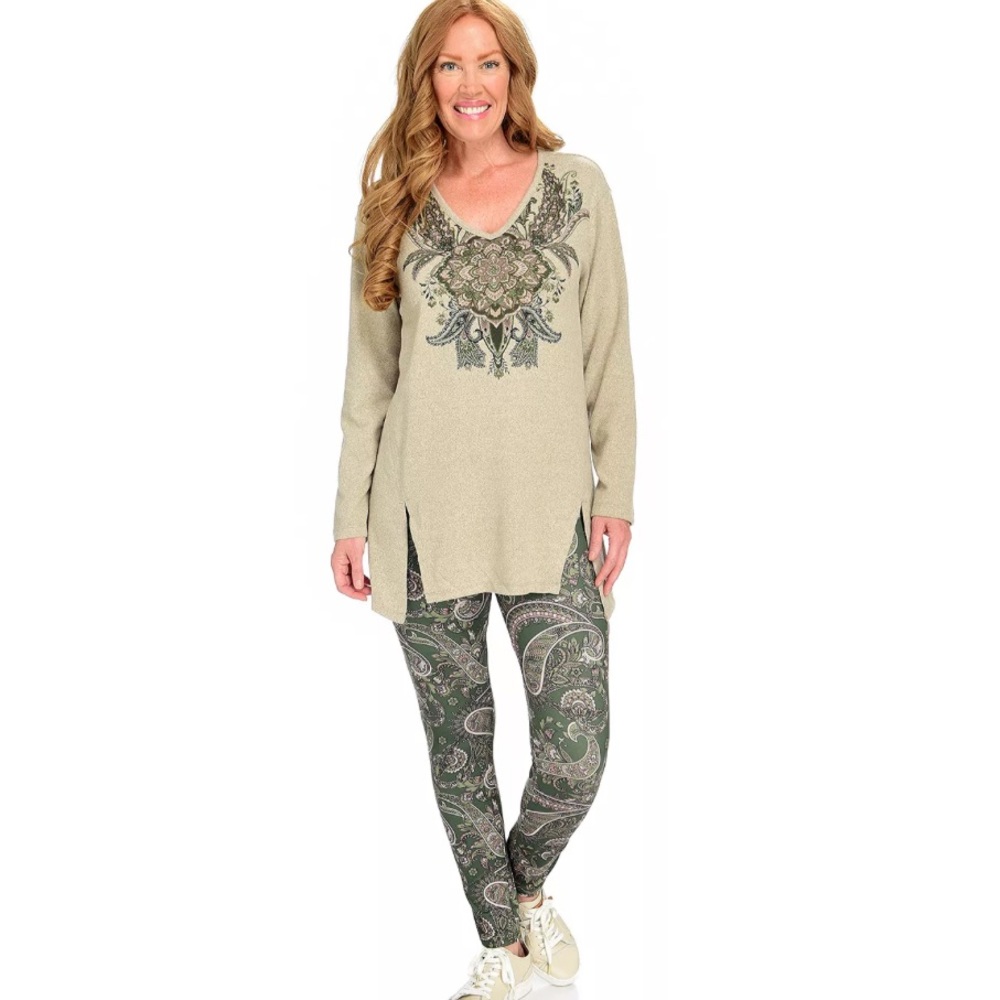 Women’s One World Tan Sweater Knit V-Neck Long Sleeve Tunic